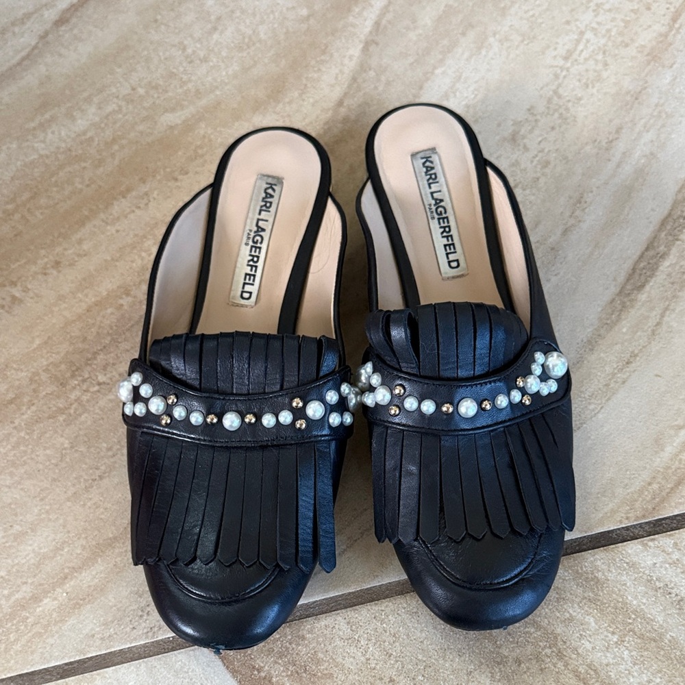 Karl Lagerfeld Black Fringe Pearl-Embellished Slip-On Mules